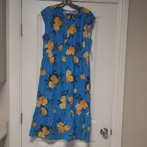Time and Tru Blue Midi Dress with Yellow Floral Print